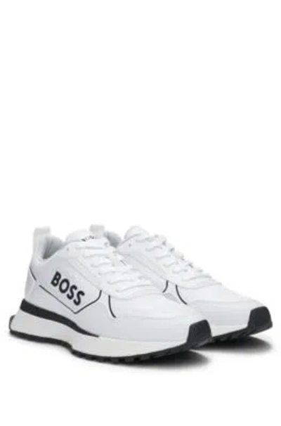 Hugo Boss Mixed-material Trainers With Large Side-panel Logo In Natural 101