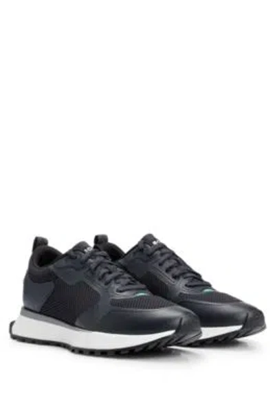 Hugo Boss Mixed-material Trainers With Mesh Details And Branding In Dark Blue