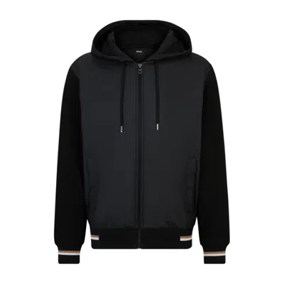 Hugo Boss Mixed-material Zip-up Hoodie With Signature-stripe Trims In Black