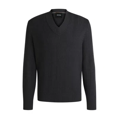 Hugo Boss Mixed-structure V-neck Sweater In Wool In Grey