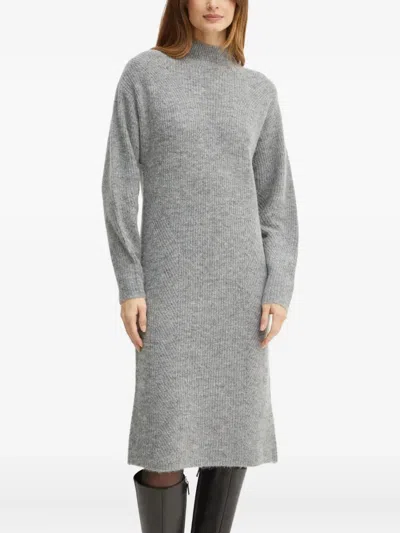 Hugo Boss Mock-neck Knitted Midi Dress In Gray