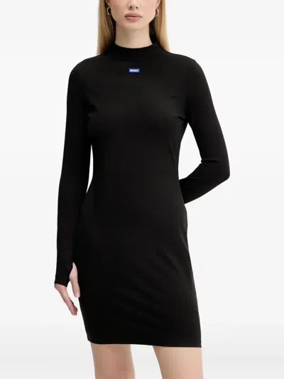 Hugo Boss Mock-neck Logo-tab Mini Dress In Black