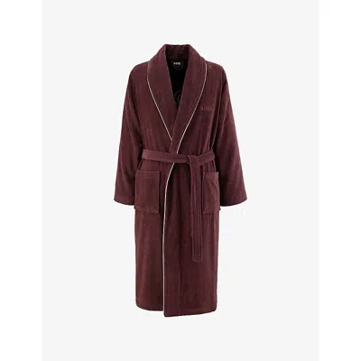 Hugo Boss Tiago Brand-embroidered Cotton-velvet Bathrobe In Burgundy