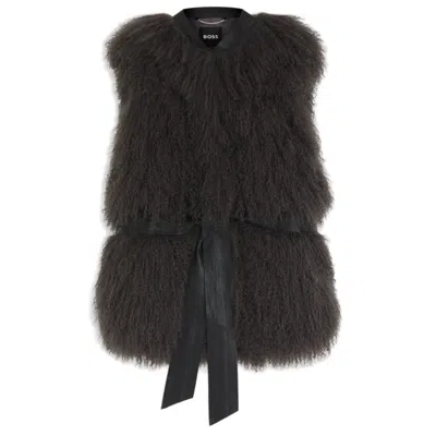 Hugo Boss Mongolian-shearling Gilet With Detachable Leather Belt In Black