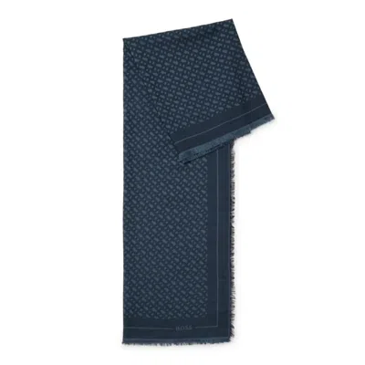 Hugo Boss Monogram-jacquard Scarf In Modal And Wool In Blue
