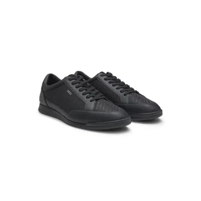 Hugo Boss Monogram-jacquard Trainers With Leather Trims In Black