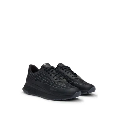 Hugo Boss Monogram-jacquard Trainers With Rubberized Faux Leather In Black