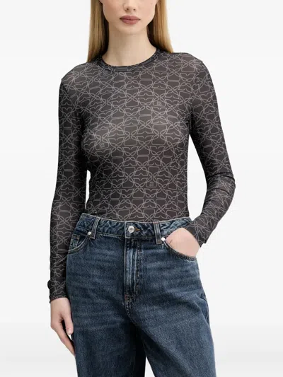 Hugo Boss Monogram-print Long-sleeve T-shirt In Gray