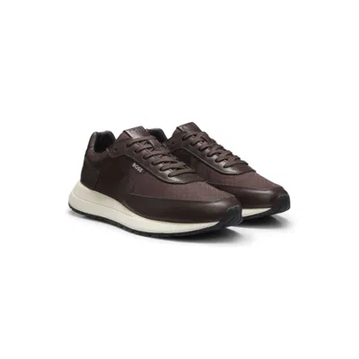 Hugo Boss Monogram Sneakers With Leather Trim And Eva Rubber Sole In Brown