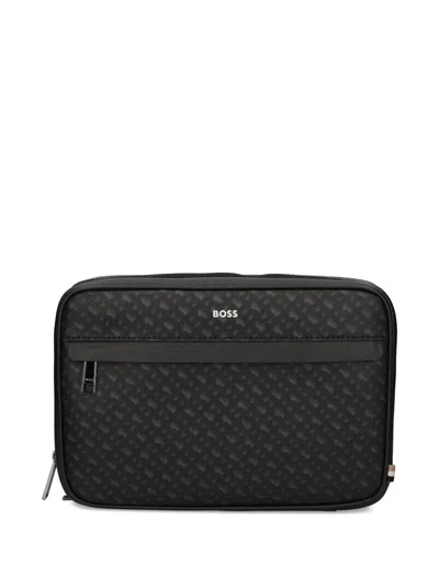 Hugo Boss Monogram Zip Wash Bag In Black