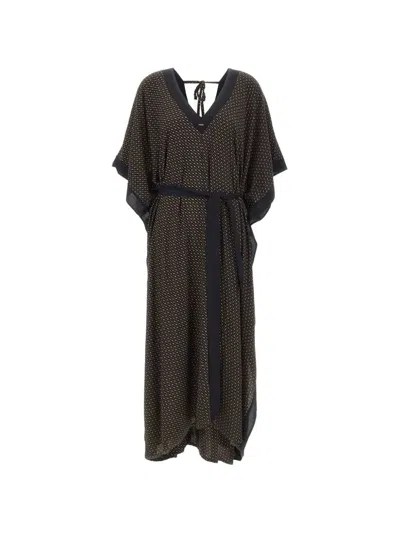 Hugo Boss Monogram-print Belted Caftan Maxi Dress In Brown