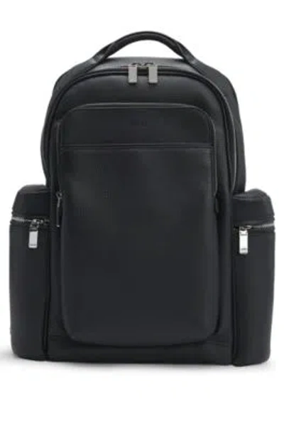 Hugo Boss Multi-pocket Backpack In Italian Leather With Signature Trims In Black