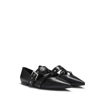 Hugo Boss Nappa-leather Ballerina Pumps With Buckled Straps In Black