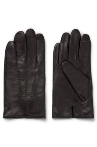 Hugo Boss Nappa-leather Gloves With Metal Logo Lettering In Brown