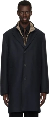 Hugo Boss Boss Blue Wool Boss Coat With Zip Detail In 405-dark Blue