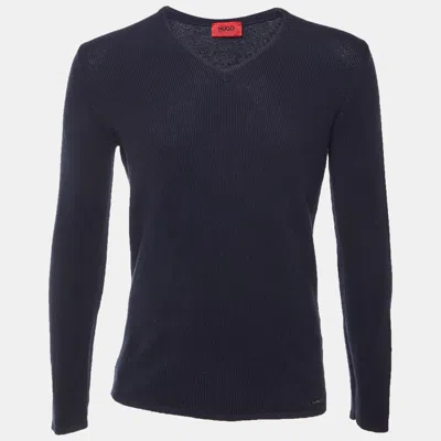 Pre-owned Hugo Boss Navy Blue Patterned Cotton & Wool Knit V-neck Jumper M
