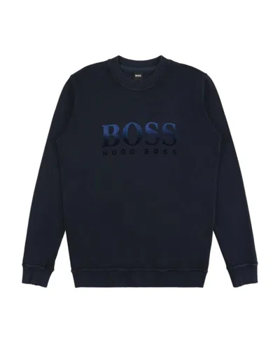Hugo Boss Navy Blue Round Collar Logo Sweater In Black
