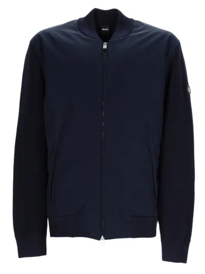 HUGO BOSS MEN NAVY BLUE SOLID MOCK COLLAR JACKET