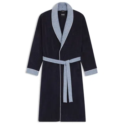 Hugo Boss Navy Cotton-velvet Robe With Textured Trim In Blue