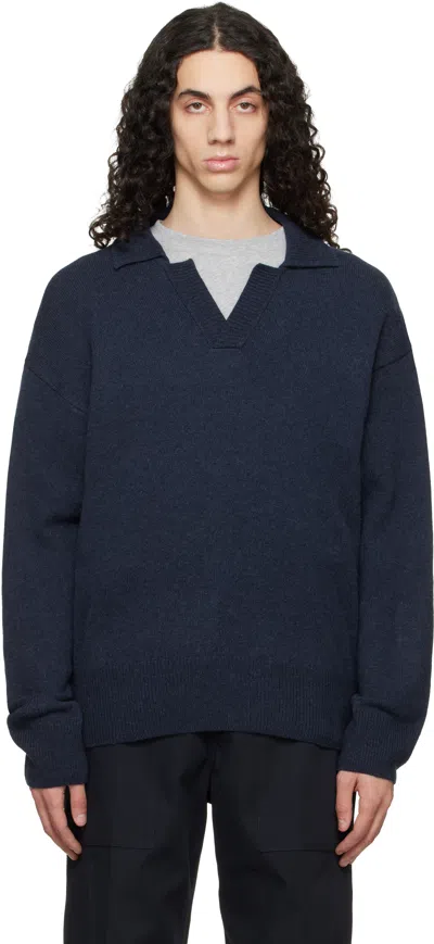 Hugo Boss Navy Johnny-collar Virgin Wool Polo In Metallic