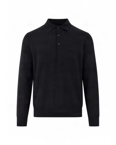 Hugo Boss Navy Knit Virgin Wool Polo Shirt In Black