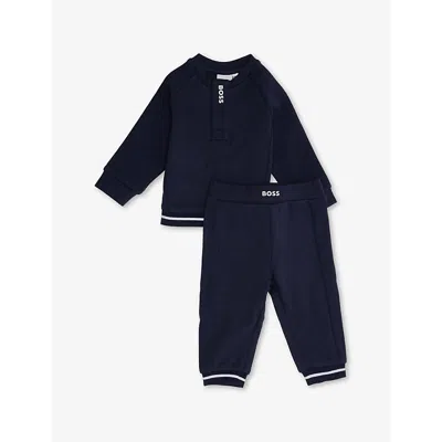 Hugo Boss Babies' Navy Logo-print Two-piece Stretch Cotton-jersey Set 3-18 In Blue