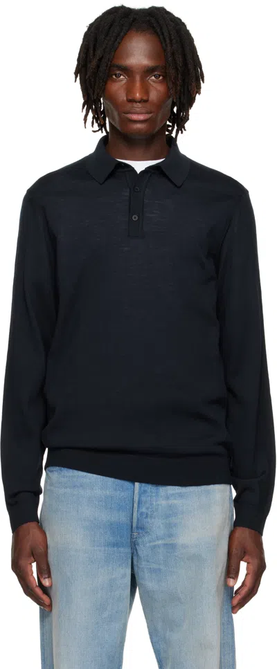 Hugo Boss Navy Long Sleeved-wool Virgin Wool Polo In Blue