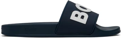 Hugo Boss Navy Raised Logo Pool Slides In 405-dark Blue