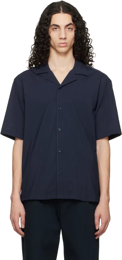 Hugo Boss Navy Relaxed-fit Wool-blend Mesh Shirt In Blue