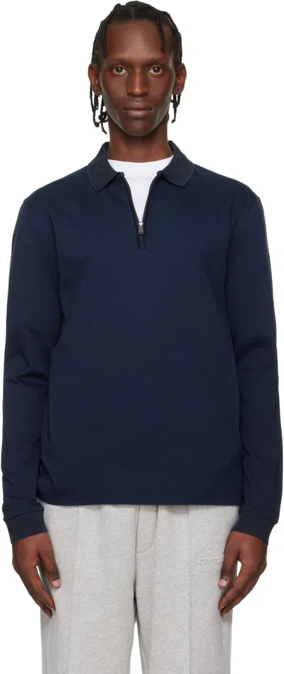 Hugo Boss Navy Two-tone Structure Mercerised-cotton Polo In Blue