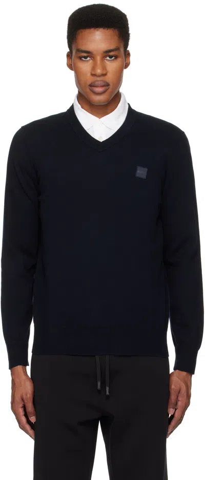 Hugo Boss Navy V-neck Logo Patch Jumper In 404-dark Blue