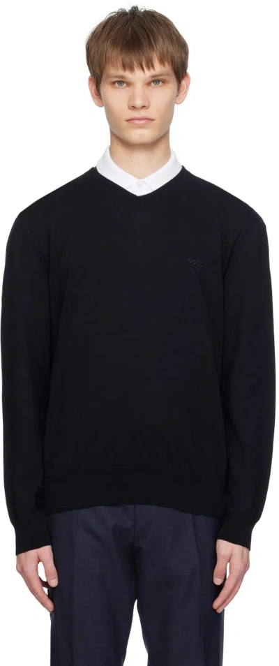 Hugo Boss Navy V-neck Sweater In 404-dark Blue