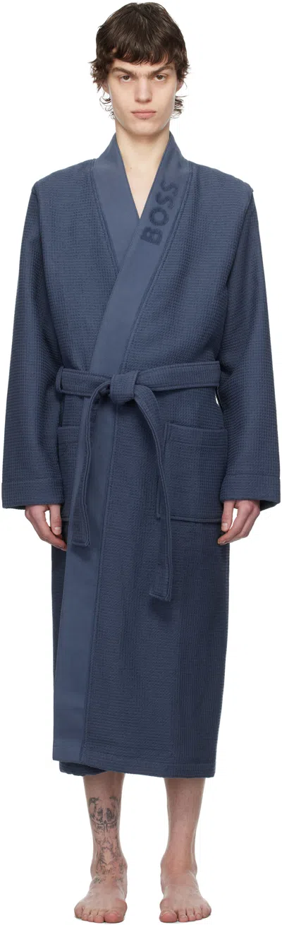 Hugo Boss Navy Waffle-structure Dressing Robe In 425 Medium Blue