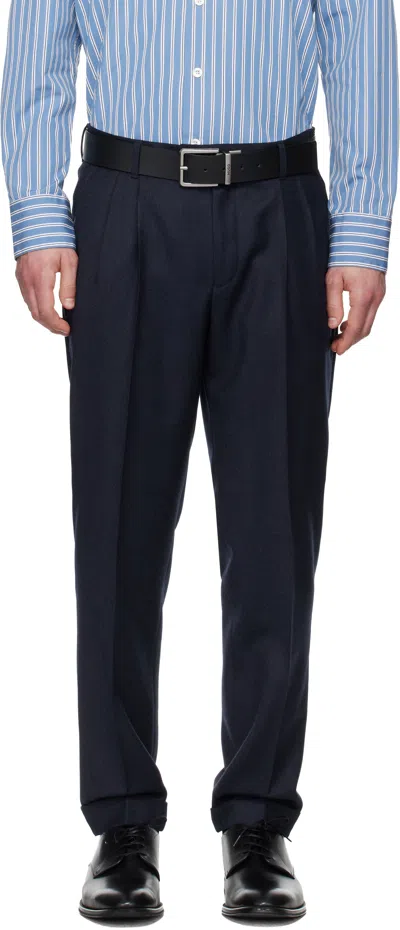 Hugo Boss Navy Wool Flannel Trousers In Blue