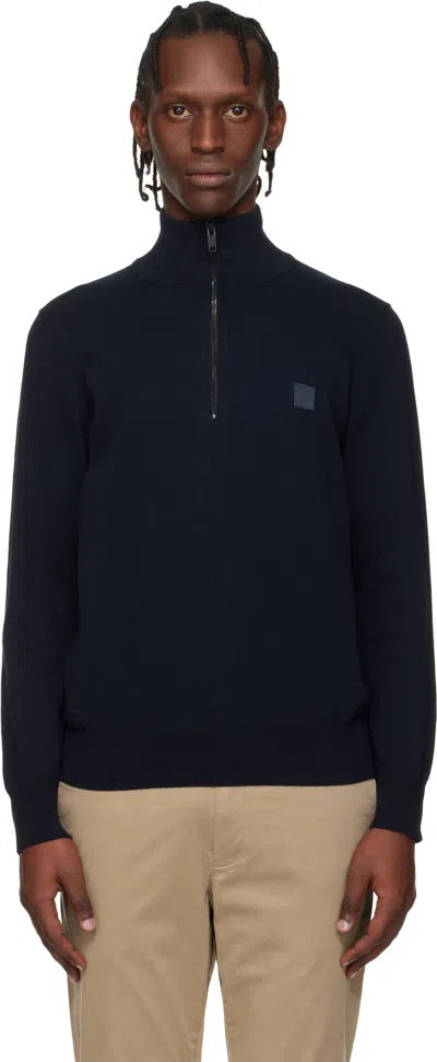 Hugo Boss Navy Zip-neck Cotton & Cashmere Sweater In Blue