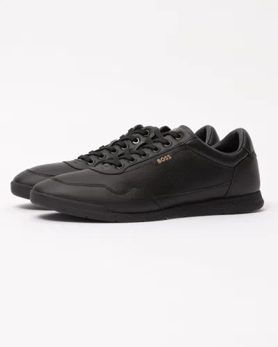 Hugo Boss Nitan Nappa-leather Trainers With Gold Branding In Black
