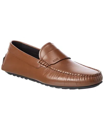 Hugo Boss Noel Leather Moccasin In Brown