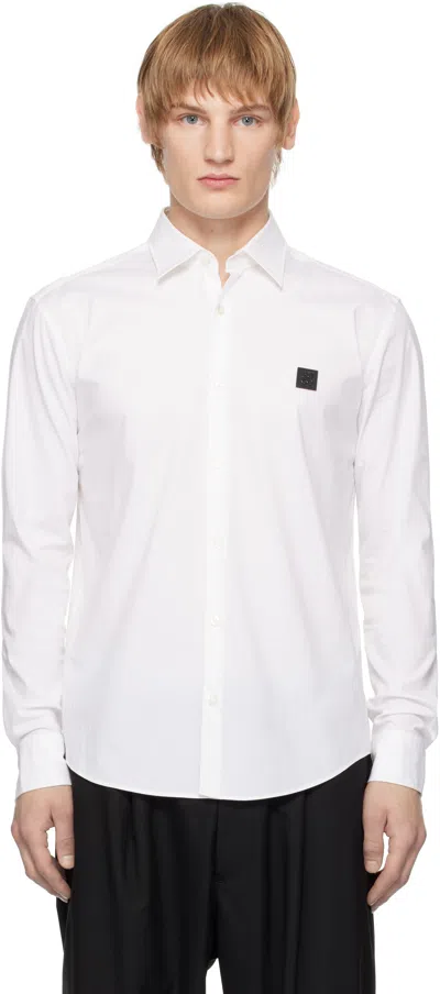 Hugo Boss Off-white Slim-fit Stacked Logo Shirt In 199-open White