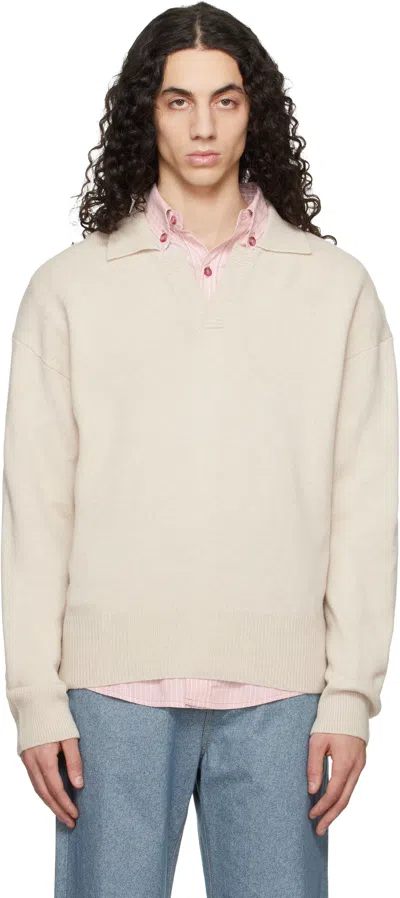 Hugo Boss Off-white Johnny-collar Virgin Wool Polo In Brown