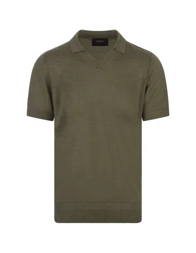 HUGO BOSS OLIVE GREEN POLO STYLE SWEATER WITH OPEN COLLAR