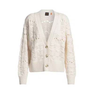 Hugo Boss Open-knit Cardigan In A Cotton Blend In Off White