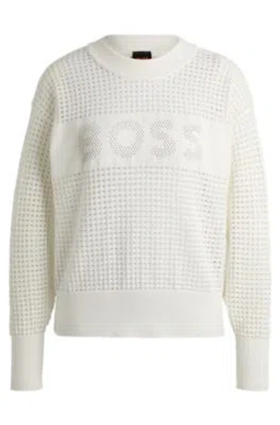 Hugo Boss Open-knit Sweater With Logo Detail In White