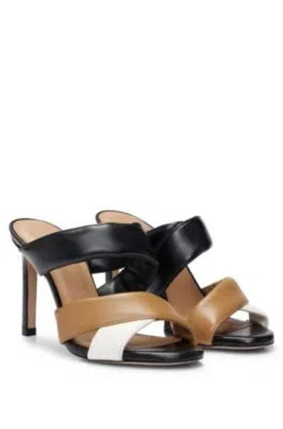 Hugo Boss Open-toe Mules In Nappa Leather With Padded Straps In Black Beige