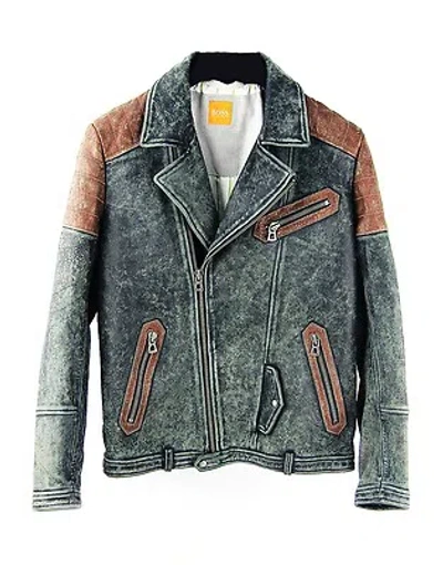 Pre-owned Hugo Boss Orange Label Handcrafted Jakuso-h Winter Leather Jacket Size 38r In Gray & Natural