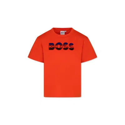 Hugo Boss Kids' Orange T-shirt For Boy With Logo In Red