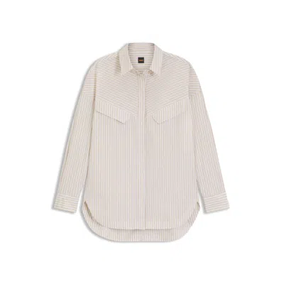 Hugo Boss Oversize-fit Blouse In Striped Cotton In Brown