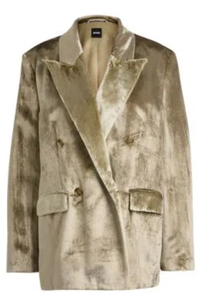 Hugo Boss Oversize-fit Double-breasted Jacket In Plush Velvet In Light Beige