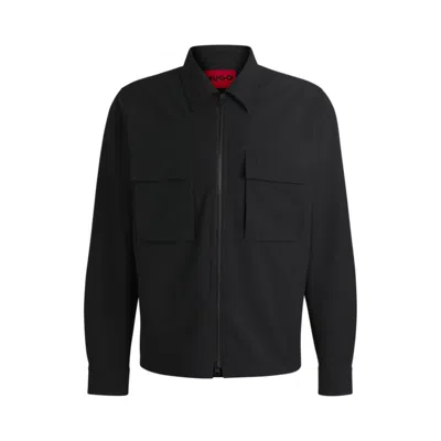 Hugo Boss Oversize-fit Overshirt In Water-repellent Seersucker In Black