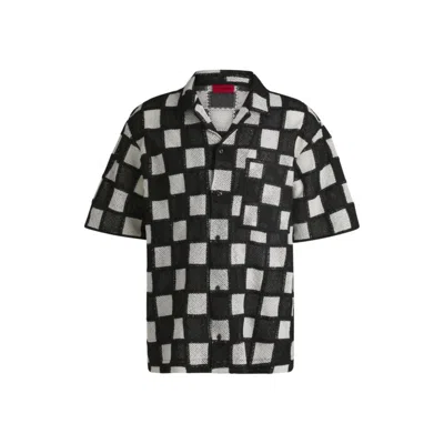 Hugo Boss Oversize-fit Shirt In Check-print Crochet In Black