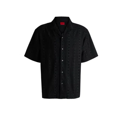 Hugo Boss Oversize-fit Shirt In Cotton Broderie Anglaise In Black